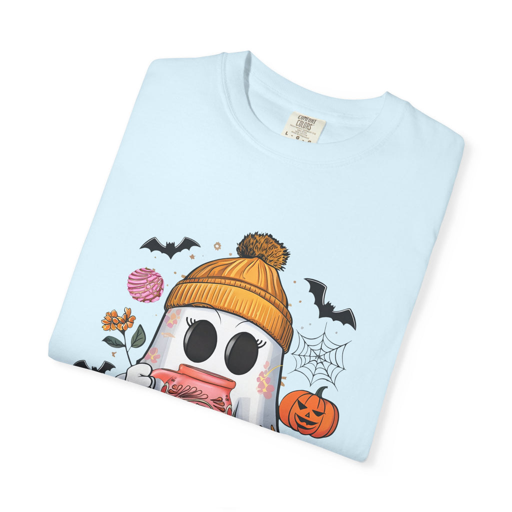 Ghost and Cafecito T-Shirt — Halloween Ghost in Beanie with Pumpkin Comfort Colors Tee