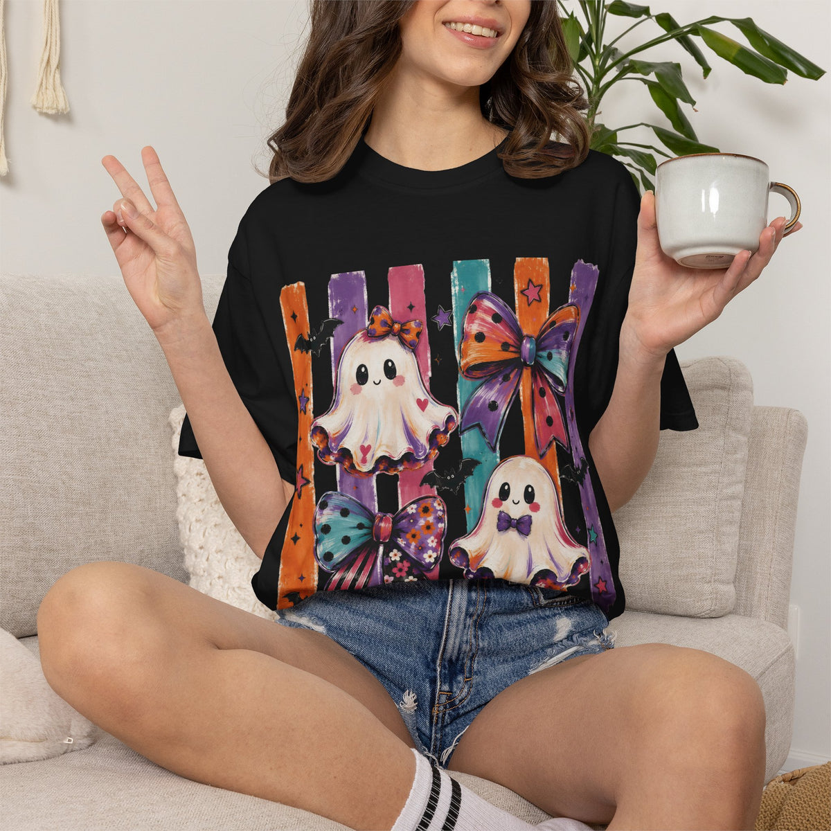 Halloween Ghosts & Bows T-Shirt — Cute Ghosts & Bows Retro Comfort Colors Graphic Tee