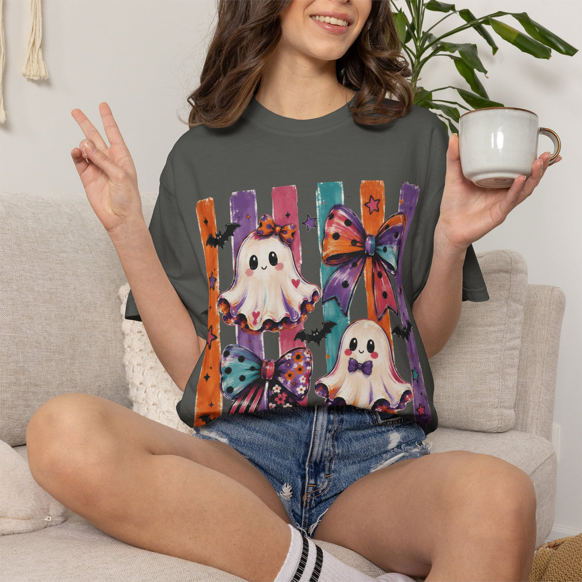 Halloween Ghosts & Bows T-Shirt — Cute Ghosts & Bows Retro Comfort Colors Graphic Tee