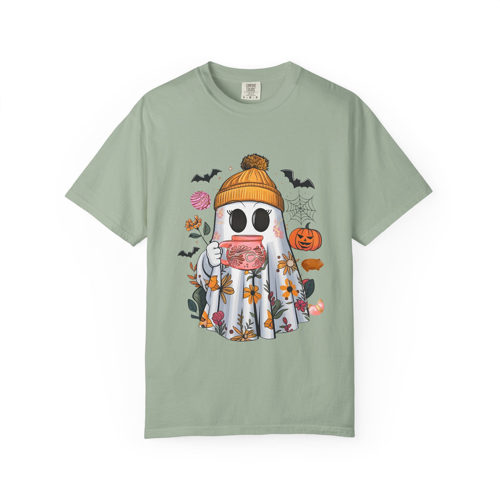Ghost and Cafecito T-Shirt — Halloween Ghost in Beanie with Pumpkin Comfort Colors Tee