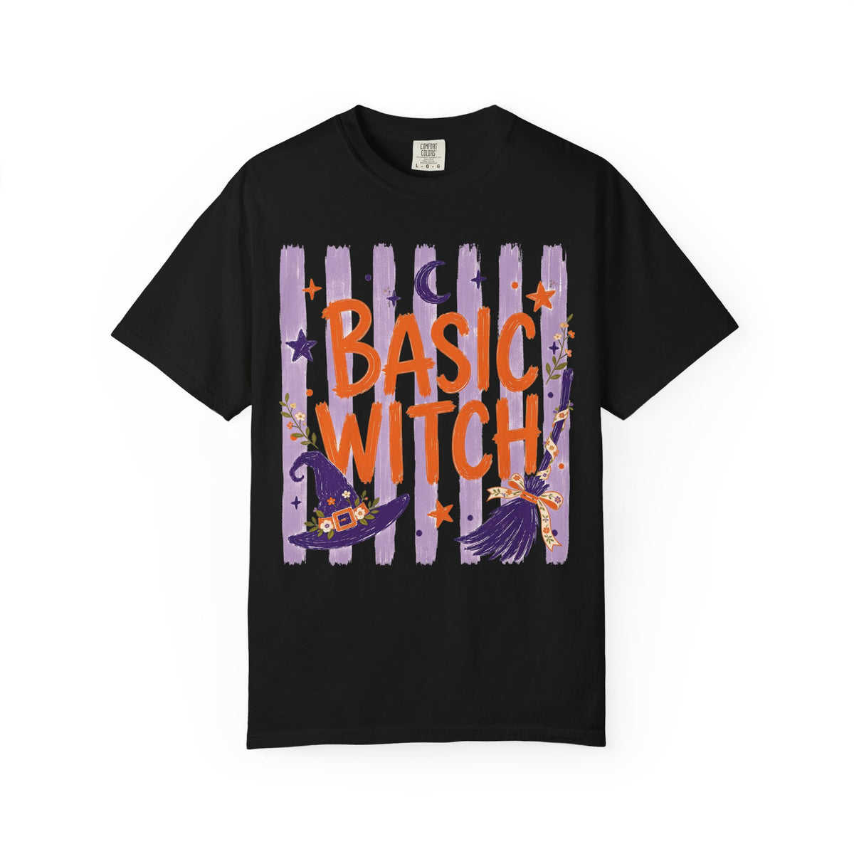 Basic Witch Striped Halloween T-Shirt — Cute Witch Hat & Broom Comfort Color Graphic Tee