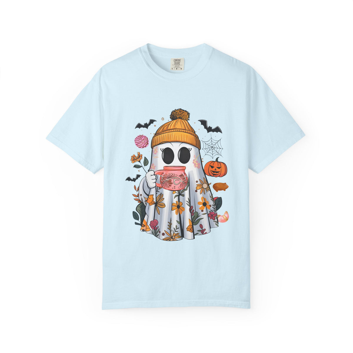 Ghost and Cafecito T-Shirt — Halloween Ghost in Beanie with Pumpkin Comfort Colors Tee