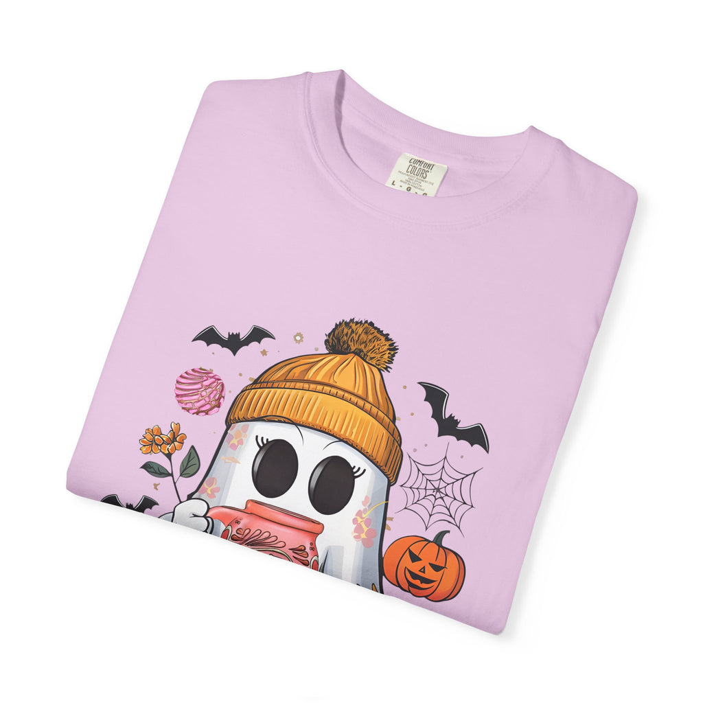Ghost and Cafecito T-Shirt — Halloween Ghost in Beanie with Pumpkin Comfort Colors Tee