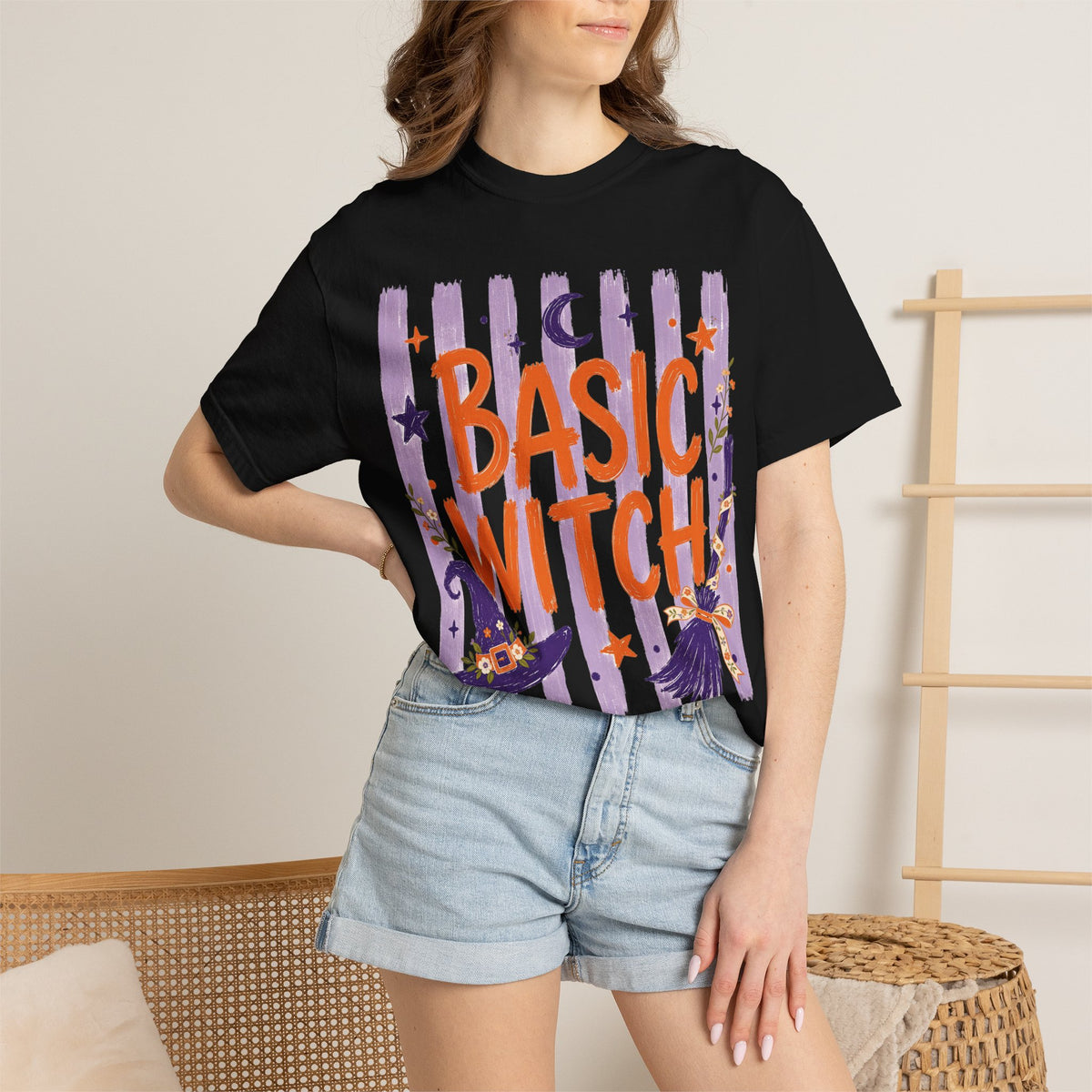 Basic Witch Striped Halloween T-Shirt — Cute Witch Hat & Broom Comfort Color Graphic Tee