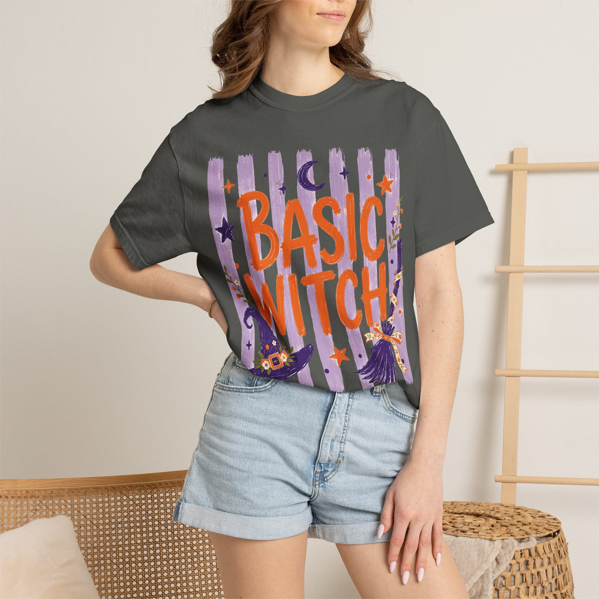 Basic Witch Striped Halloween T-Shirt — Cute Witch Hat & Broom Comfort Color Graphic Tee