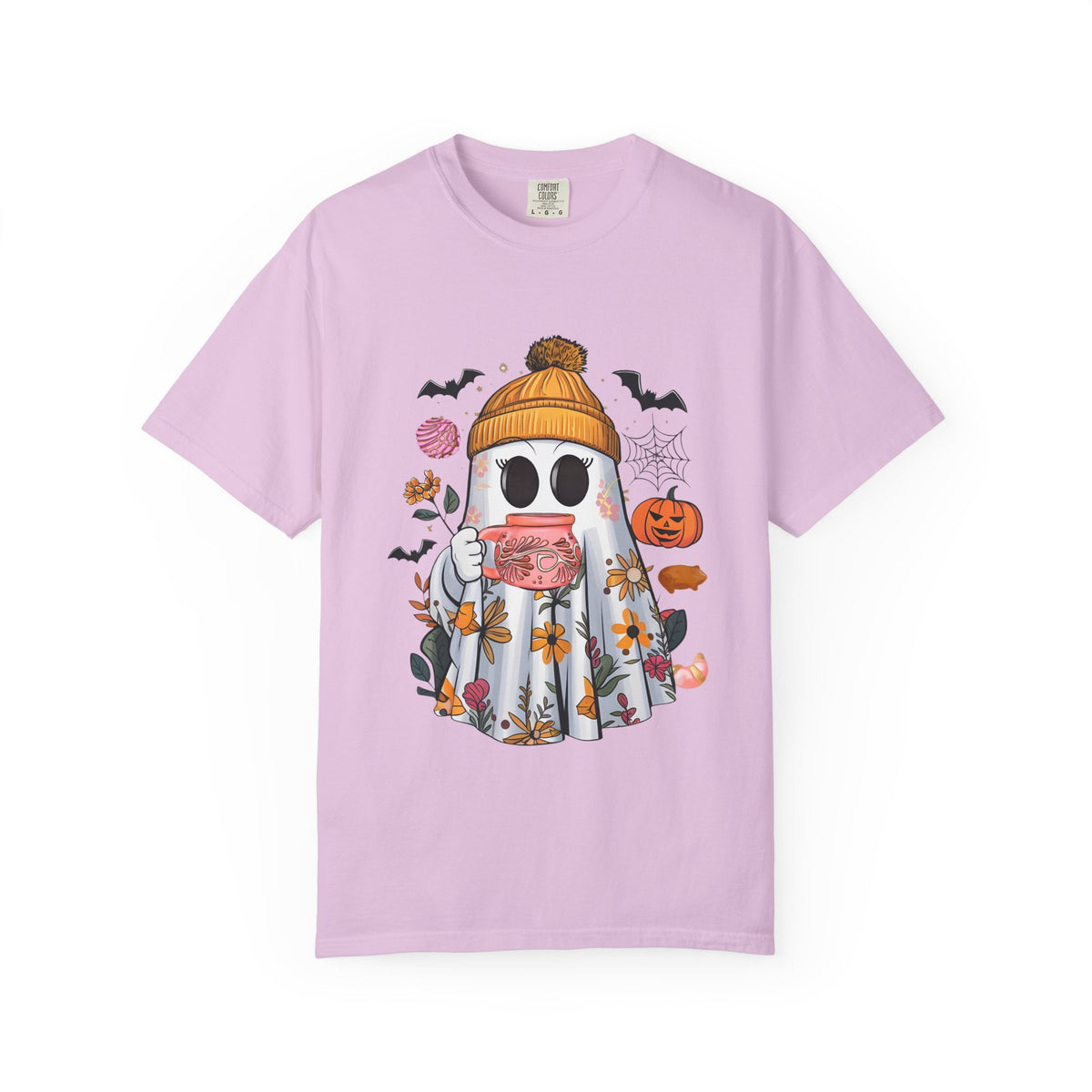 Ghost and Cafecito T-Shirt — Halloween Ghost in Beanie with Pumpkin Comfort Colors Tee