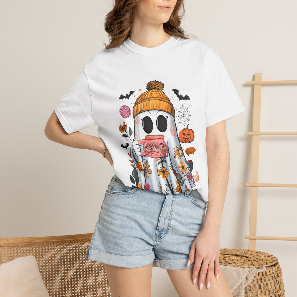 Ghost and Cafecito T-Shirt — Halloween Ghost in Beanie with Pumpkin Comfort Colors Tee