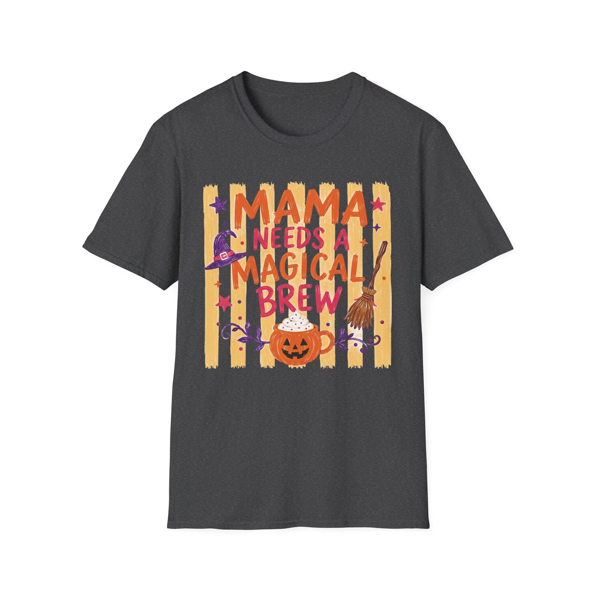 Mama Needs a Magical Brew Retro T-Shirt — Halloween Witch Mom Gildan Softstyle Graphic Tee