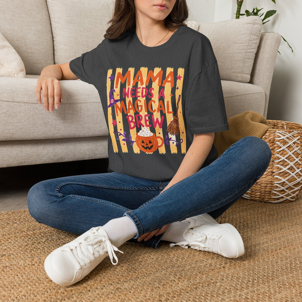 Mama Needs a Magical Brew Retro T-Shirt — Halloween Witch Mom Gildan Softstyle Graphic Tee
