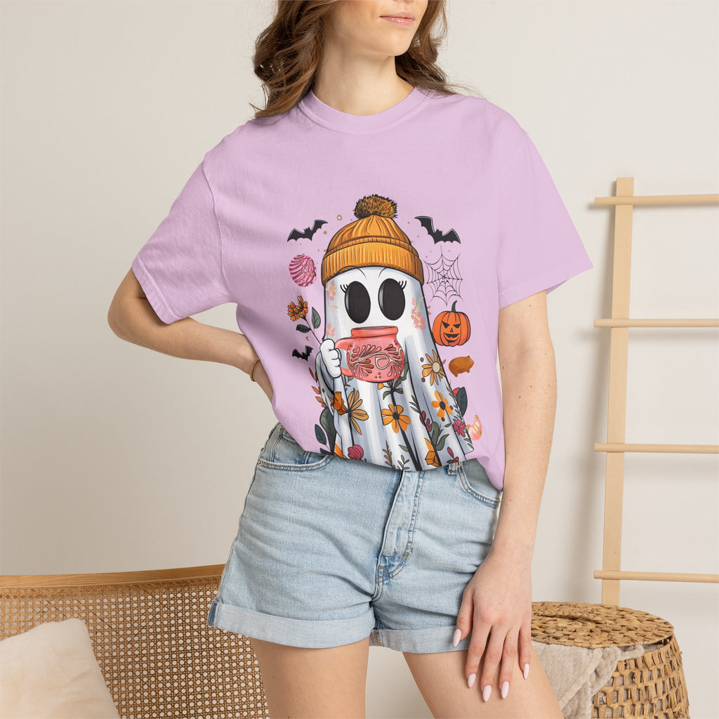 Ghost and Cafecito T-Shirt — Halloween Ghost in Beanie with Pumpkin Comfort Colors Tee