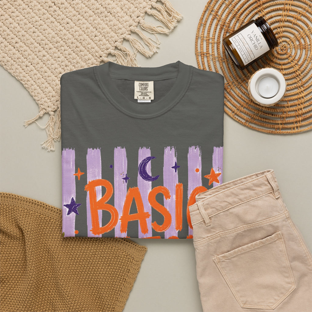 Basic Witch Striped Halloween T-Shirt — Cute Witch Hat & Broom Comfort Color Graphic Tee
