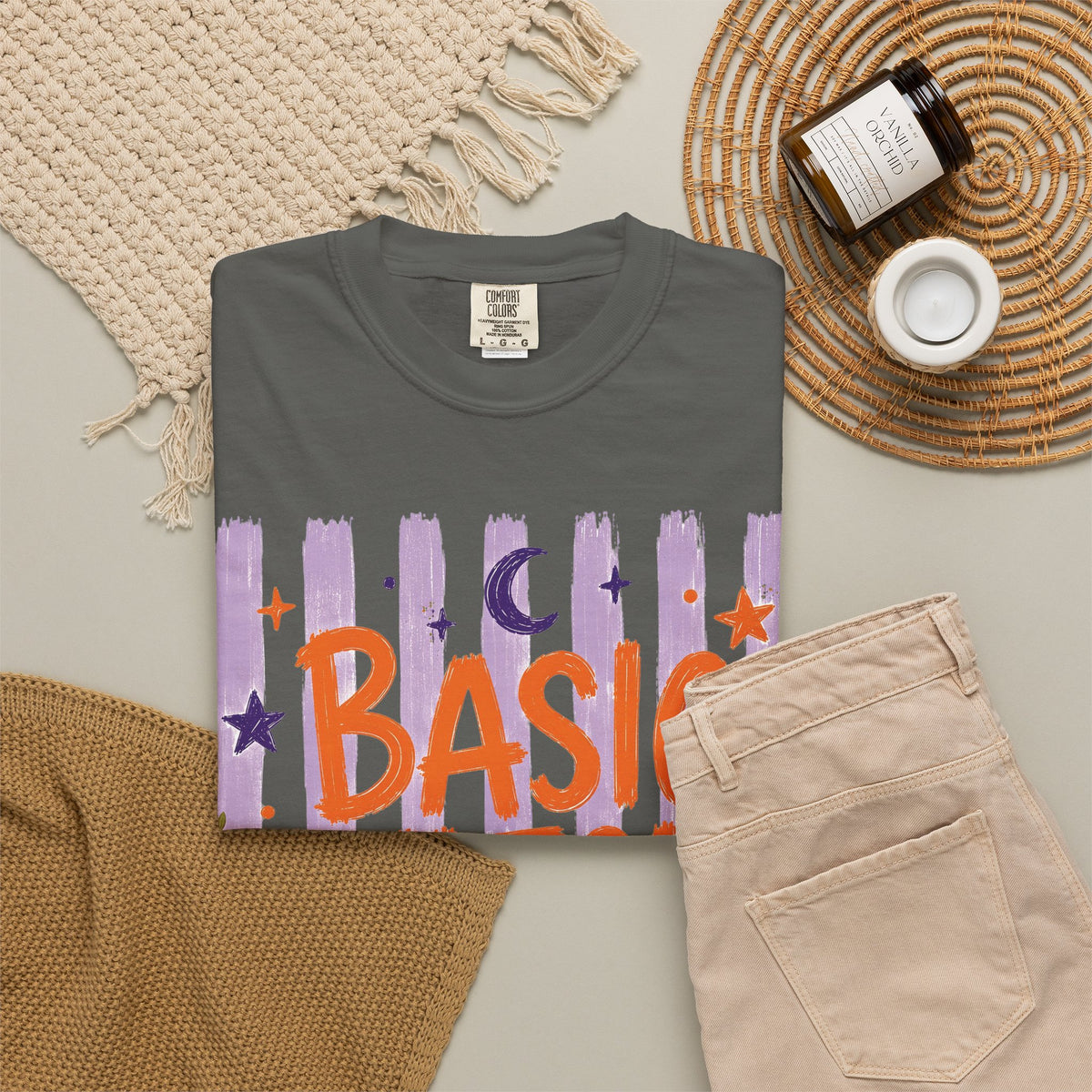 Basic Witch Striped Halloween T-Shirt — Cute Witch Hat & Broom Comfort Color Graphic Tee