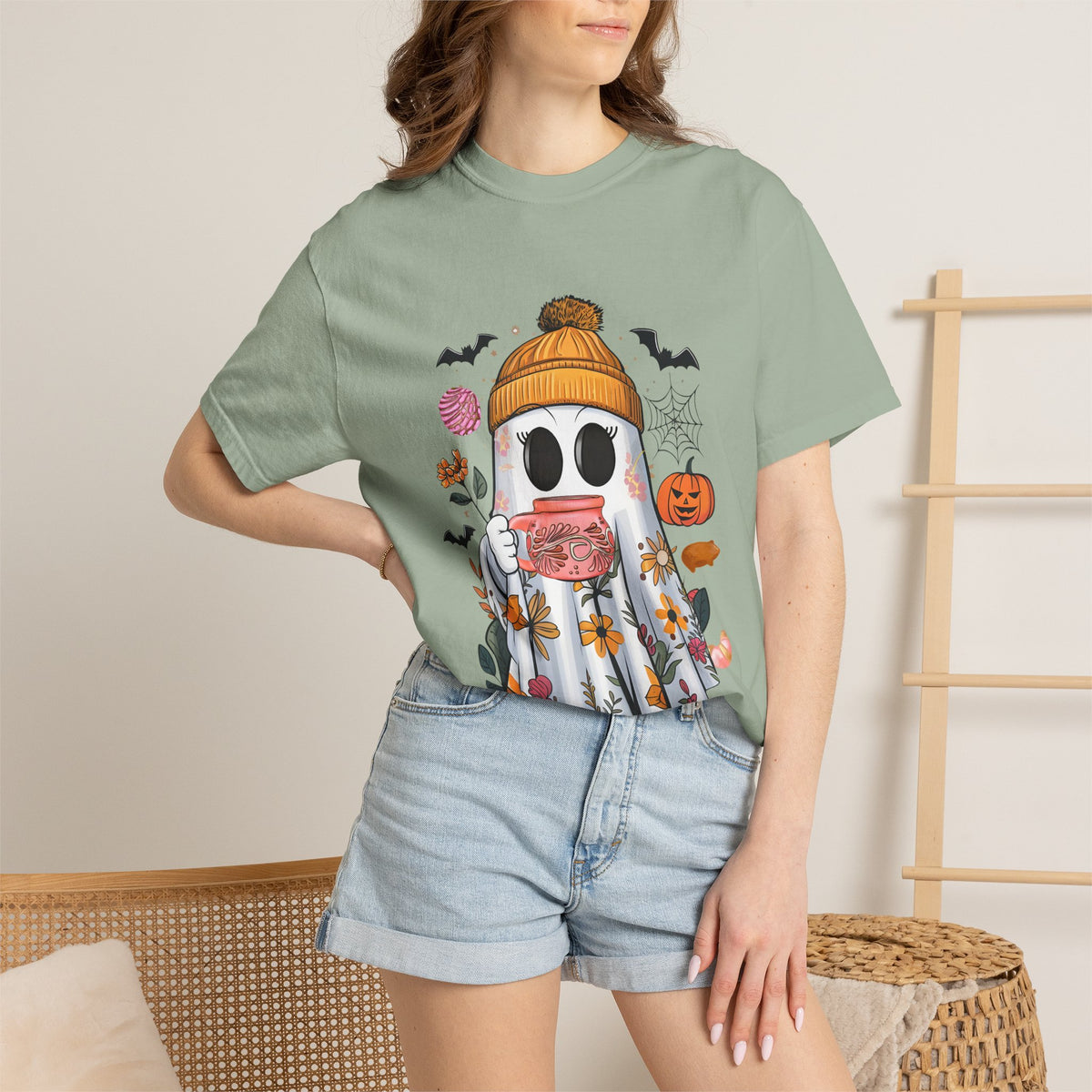 Ghost and Cafecito T-Shirt — Halloween Ghost in Beanie with Pumpkin Comfort Colors Tee
