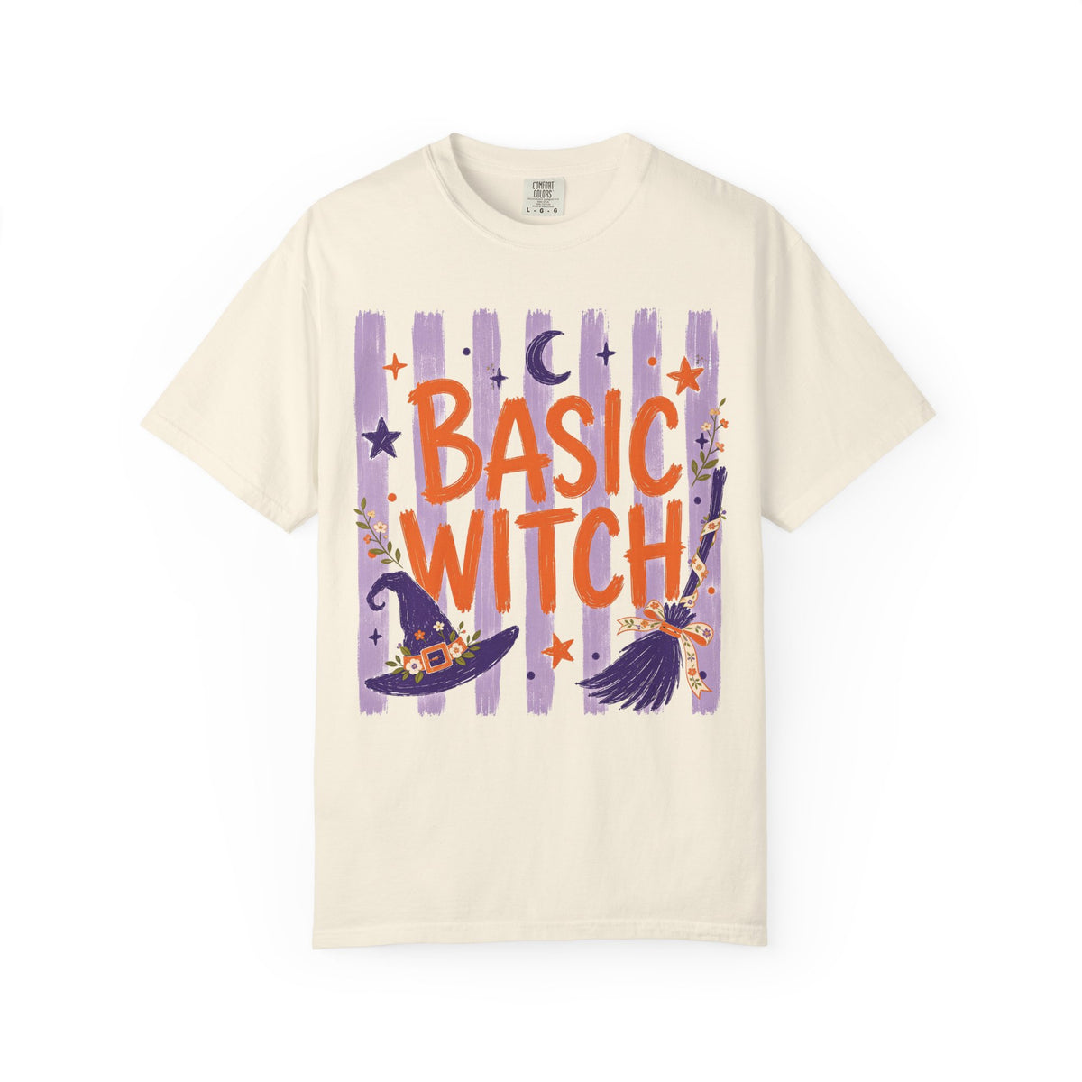Basic Witch Striped Halloween T-Shirt — Cute Witch Hat & Broom Comfort Color Graphic Tee