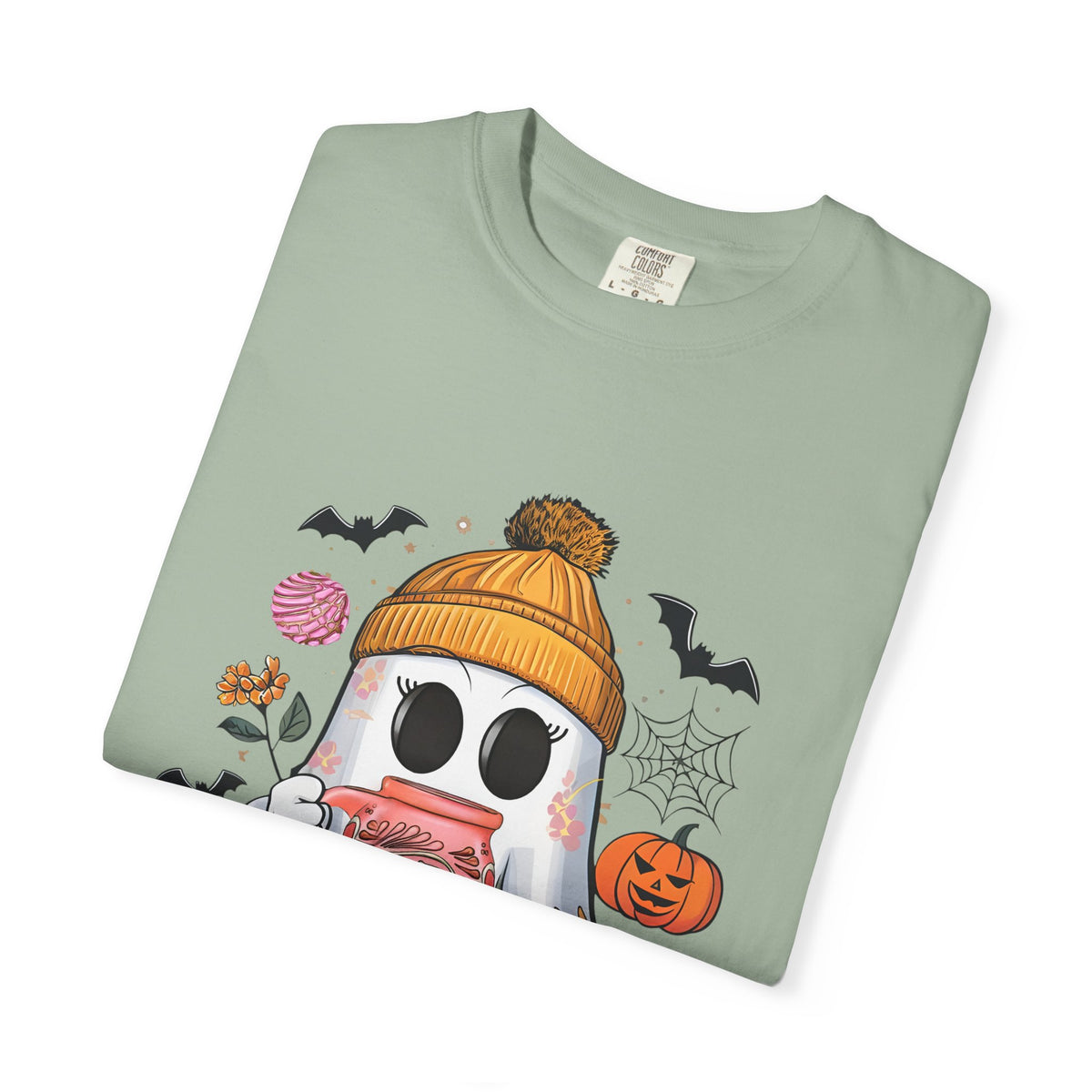 Ghost and Cafecito T-Shirt — Halloween Ghost in Beanie with Pumpkin Comfort Colors Tee
