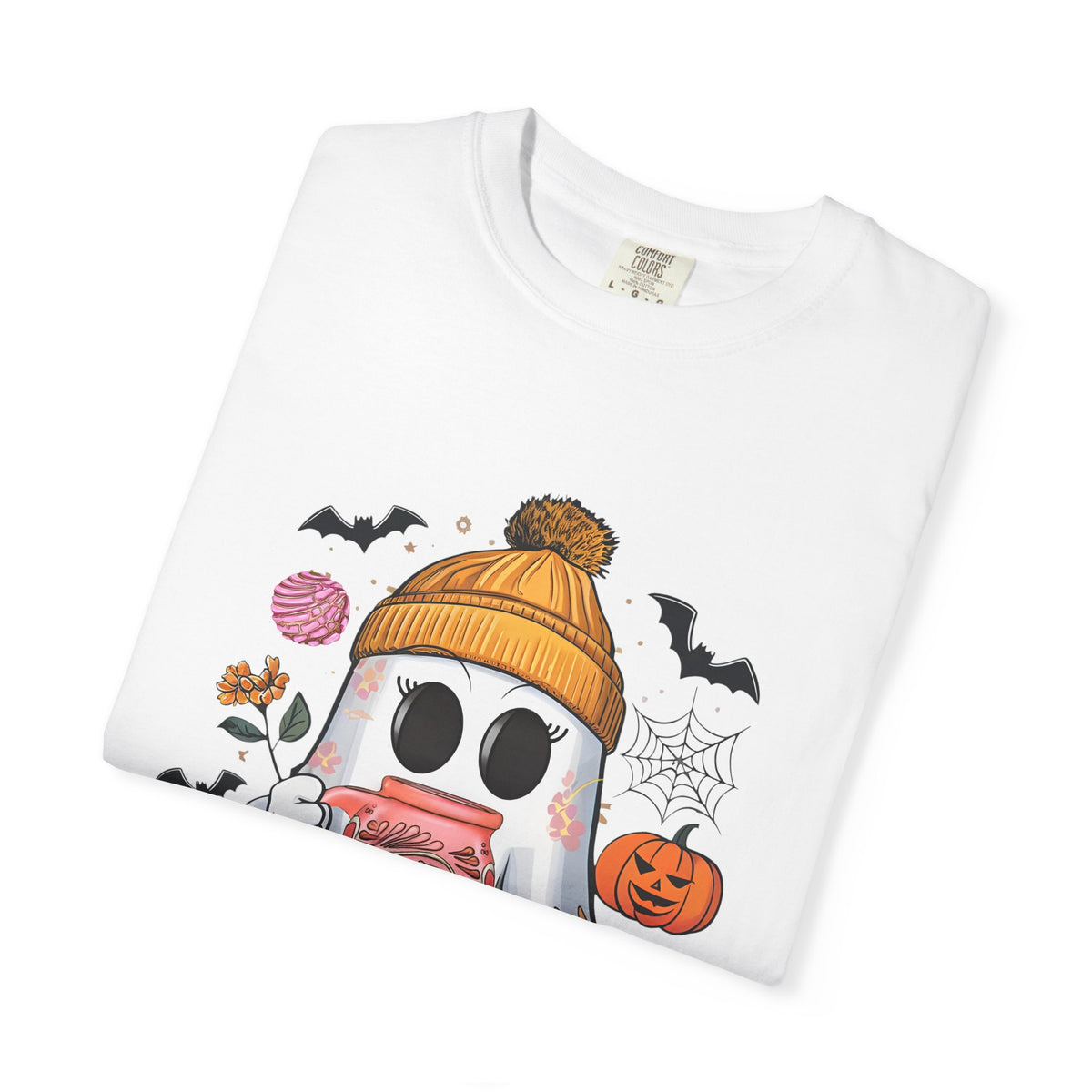 Ghost and Cafecito T-Shirt — Halloween Ghost in Beanie with Pumpkin Comfort Colors Tee