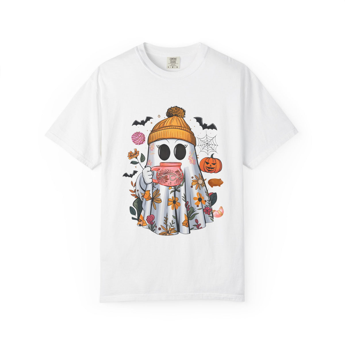 Ghost and Cafecito T-Shirt — Halloween Ghost in Beanie with Pumpkin Comfort Colors Tee