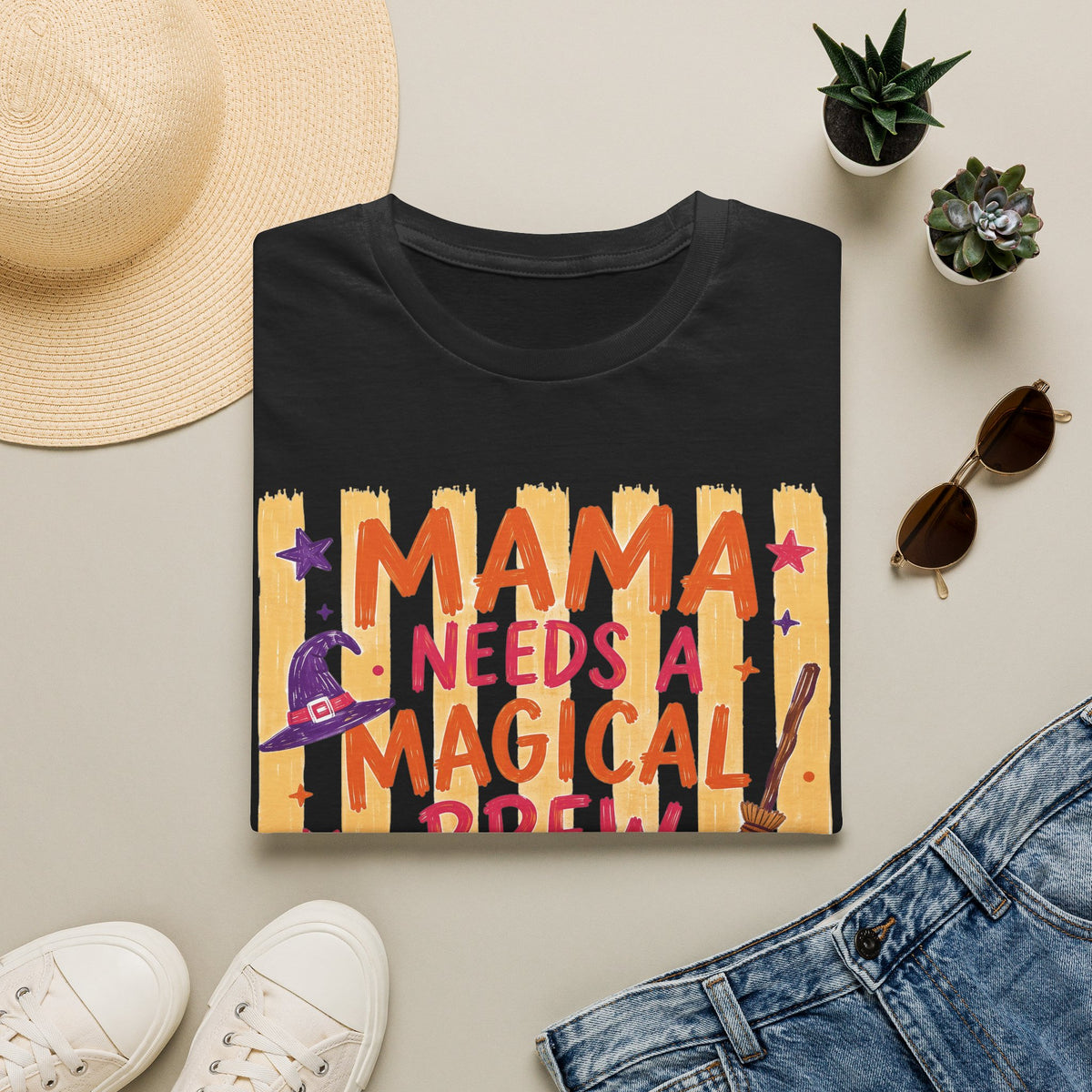 Mama Needs a Magical Brew Retro T-Shirt — Halloween Witch Mom Gildan Softstyle Graphic Tee