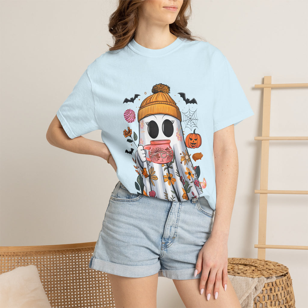 Ghost and Cafecito T-Shirt — Halloween Ghost in Beanie with Pumpkin Comfort Colors Tee